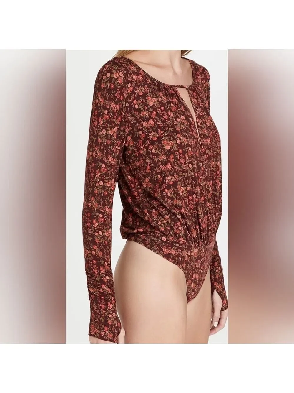 FREE PEOPLE SIZE XS FALL‎ TOP FLORAL KAYA PRINTED THONG BODYSUIT CHOCOLATE